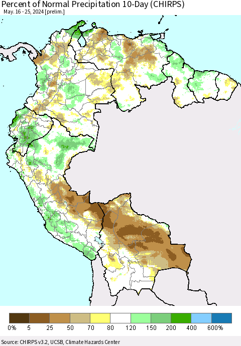 Northern South America Percent of Normal Precipitation 10-Day (CHIRPS) Thematic Map For 5/16/2024 - 5/25/2024