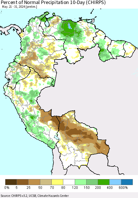 Northern South America Percent of Normal Precipitation 10-Day (CHIRPS) Thematic Map For 5/21/2024 - 5/31/2024