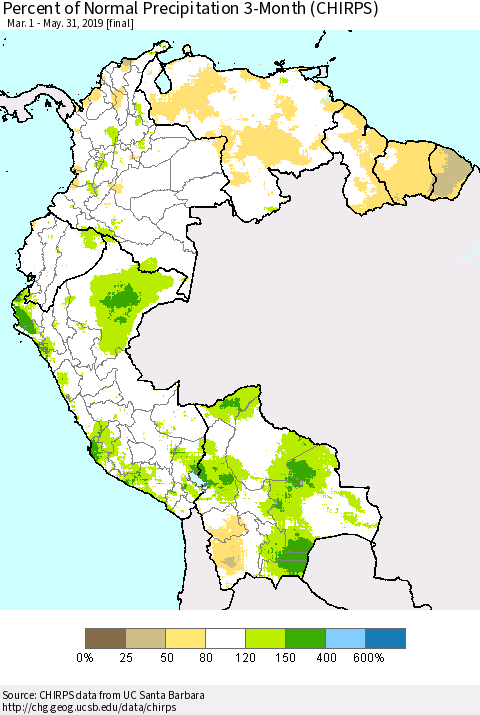 Northern South America Percent of Normal Precipitation 3-Month (CHIRPS) Thematic Map For 3/1/2019 - 5/31/2019
