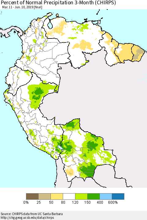 Northern South America Percent of Normal Precipitation 3-Month (CHIRPS) Thematic Map For 3/11/2019 - 6/10/2019