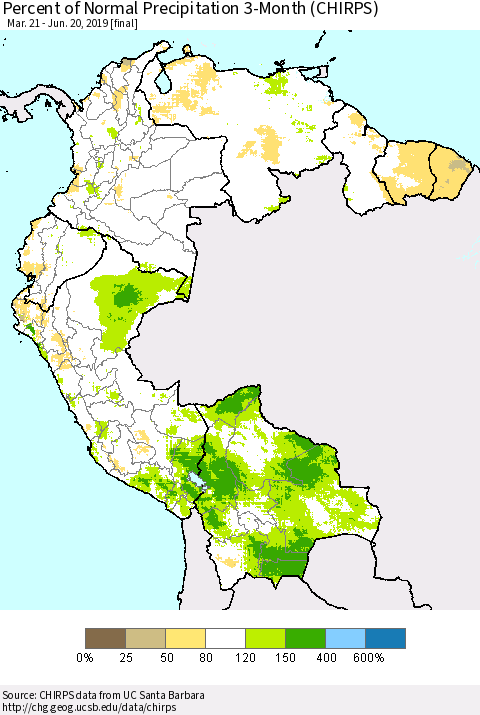 Northern South America Percent of Normal Precipitation 3-Month (CHIRPS) Thematic Map For 3/21/2019 - 6/20/2019