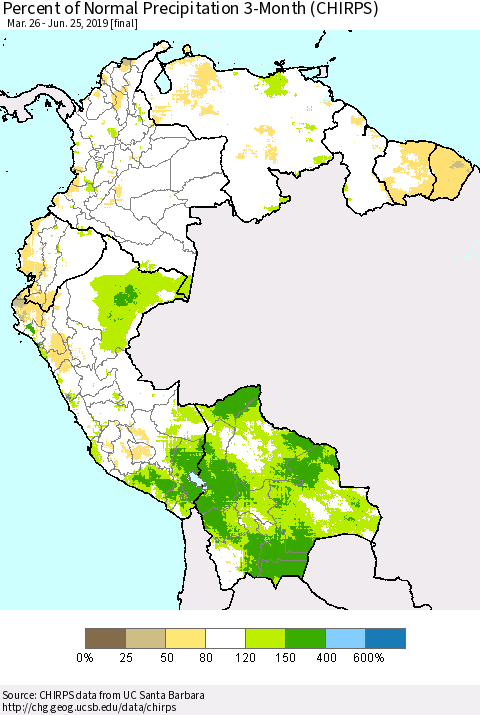 Northern South America Percent of Normal Precipitation 3-Month (CHIRPS) Thematic Map For 3/26/2019 - 6/25/2019