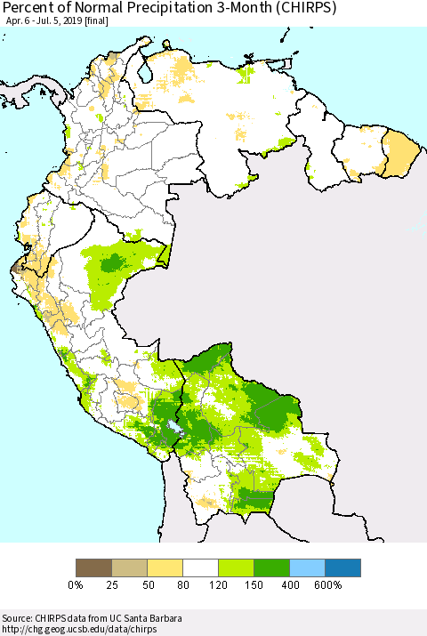 Northern South America Percent of Normal Precipitation 3-Month (CHIRPS) Thematic Map For 4/6/2019 - 7/5/2019