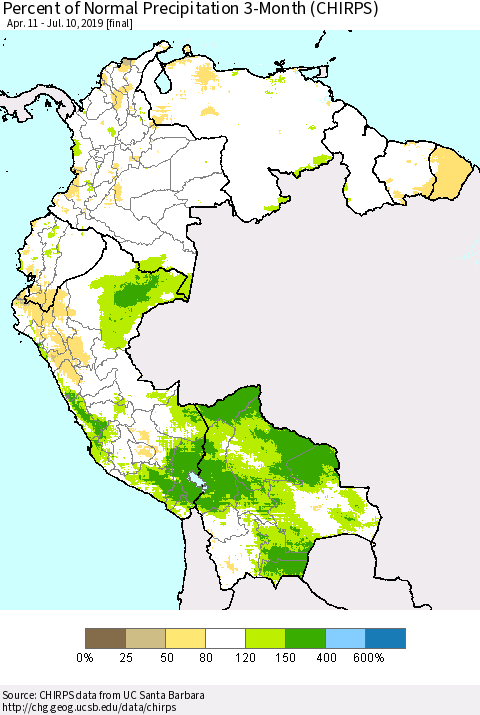 Northern South America Percent of Normal Precipitation 3-Month (CHIRPS) Thematic Map For 4/11/2019 - 7/10/2019