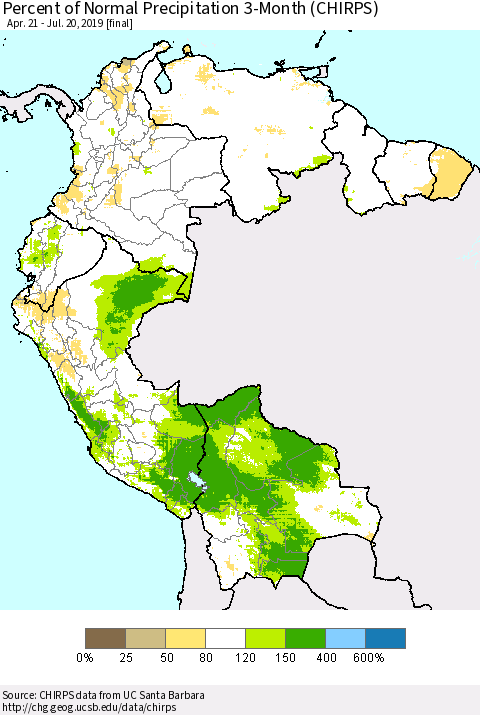 Northern South America Percent of Normal Precipitation 3-Month (CHIRPS) Thematic Map For 4/21/2019 - 7/20/2019
