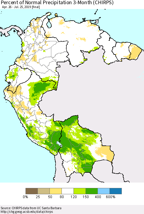 Northern South America Percent of Normal Precipitation 3-Month (CHIRPS) Thematic Map For 4/26/2019 - 7/25/2019
