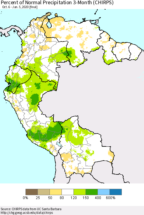 Northern South America Percent of Normal Precipitation 3-Month (CHIRPS) Thematic Map For 10/6/2019 - 1/5/2020