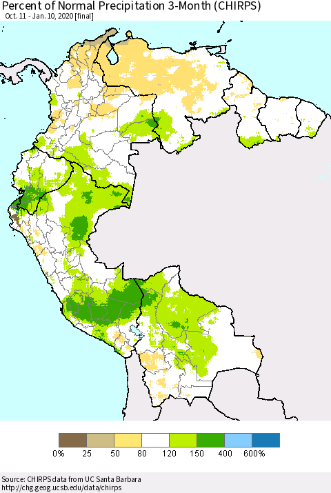 Northern South America Percent of Normal Precipitation 3-Month (CHIRPS) Thematic Map For 10/11/2019 - 1/10/2020