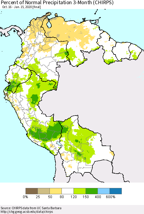 Northern South America Percent of Normal Precipitation 3-Month (CHIRPS) Thematic Map For 10/16/2019 - 1/15/2020