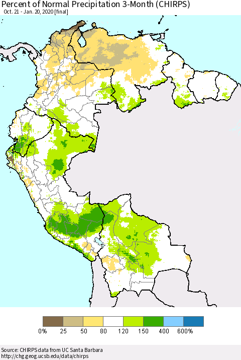 Northern South America Percent of Normal Precipitation 3-Month (CHIRPS) Thematic Map For 10/21/2019 - 1/20/2020