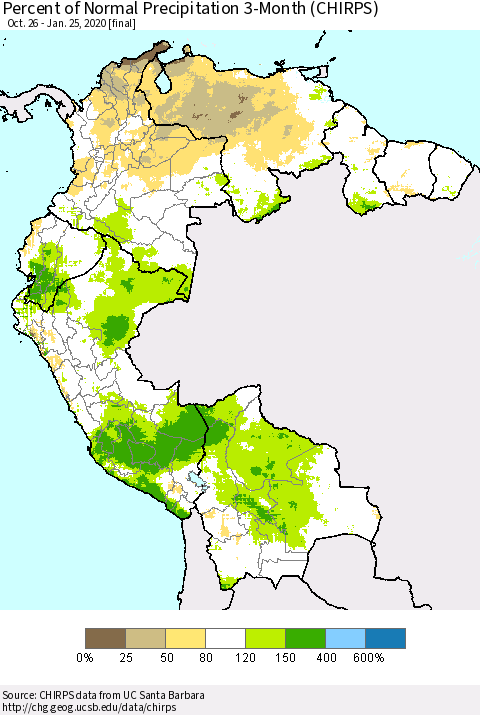 Northern South America Percent of Normal Precipitation 3-Month (CHIRPS) Thematic Map For 10/26/2019 - 1/25/2020