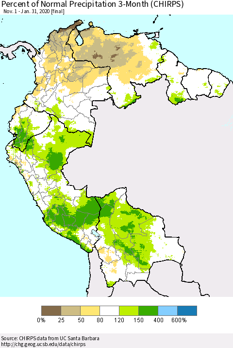 Northern South America Percent of Normal Precipitation 3-Month (CHIRPS) Thematic Map For 11/1/2019 - 1/31/2020