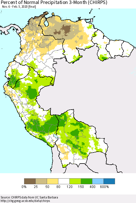 Northern South America Percent of Normal Precipitation 3-Month (CHIRPS) Thematic Map For 11/6/2019 - 2/5/2020