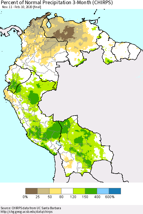 Northern South America Percent of Normal Precipitation 3-Month (CHIRPS) Thematic Map For 11/11/2019 - 2/10/2020
