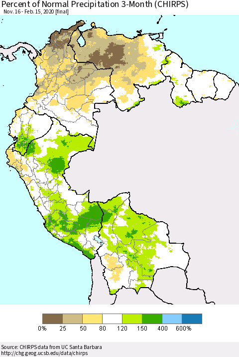 Northern South America Percent of Normal Precipitation 3-Month (CHIRPS) Thematic Map For 11/16/2019 - 2/15/2020