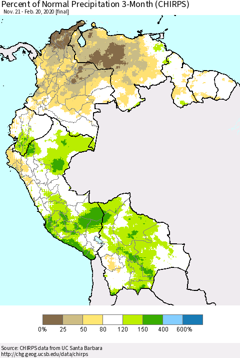 Northern South America Percent of Normal Precipitation 3-Month (CHIRPS) Thematic Map For 11/21/2019 - 2/20/2020