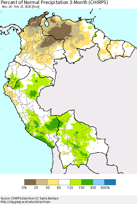 Northern South America Percent of Normal Precipitation 3-Month (CHIRPS) Thematic Map For 11/26/2019 - 2/25/2020