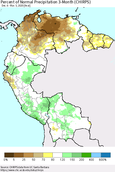 Northern South America Percent of Normal Precipitation 3-Month (CHIRPS) Thematic Map For 12/6/2019 - 3/5/2020