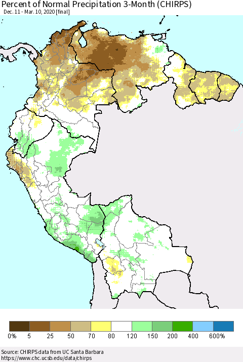 Northern South America Percent of Normal Precipitation 3-Month (CHIRPS) Thematic Map For 12/11/2019 - 3/10/2020