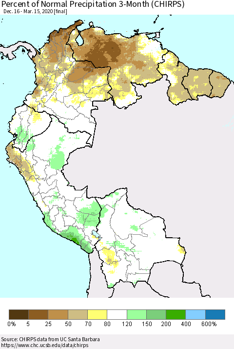 Northern South America Percent of Normal Precipitation 3-Month (CHIRPS) Thematic Map For 12/16/2019 - 3/15/2020