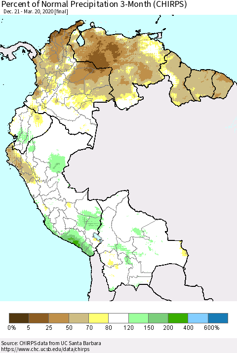 Northern South America Percent of Normal Precipitation 3-Month (CHIRPS) Thematic Map For 12/21/2019 - 3/20/2020