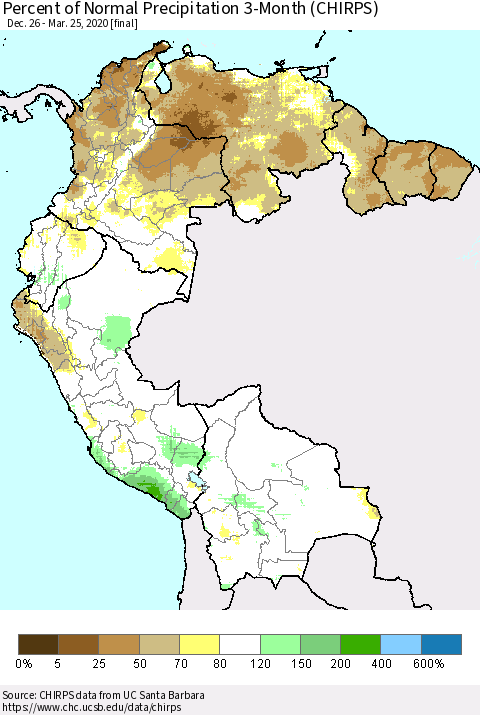 Northern South America Percent of Normal Precipitation 3-Month (CHIRPS) Thematic Map For 12/26/2019 - 3/25/2020