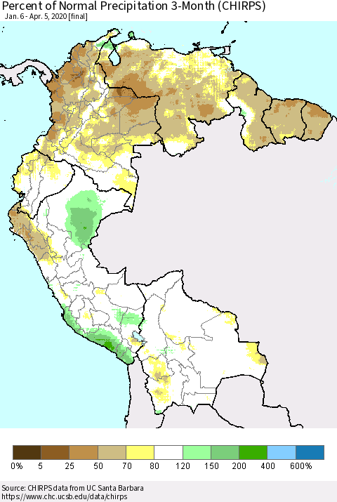 Northern South America Percent of Normal Precipitation 3-Month (CHIRPS) Thematic Map For 1/6/2020 - 4/5/2020