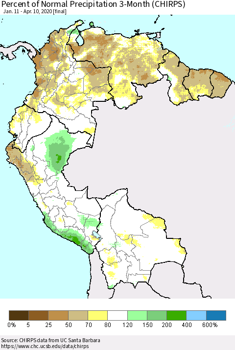 Northern South America Percent of Normal Precipitation 3-Month (CHIRPS) Thematic Map For 1/11/2020 - 4/10/2020