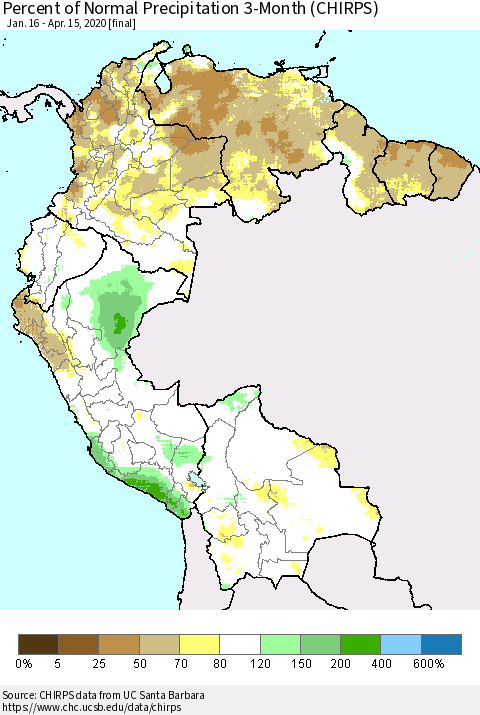 Northern South America Percent of Normal Precipitation 3-Month (CHIRPS) Thematic Map For 1/16/2020 - 4/15/2020