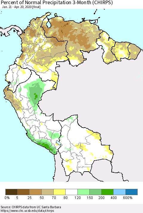 Northern South America Percent of Normal Precipitation 3-Month (CHIRPS) Thematic Map For 1/21/2020 - 4/20/2020