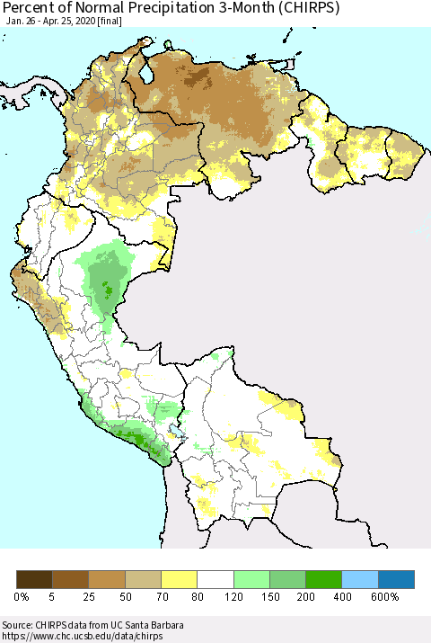 Northern South America Percent of Normal Precipitation 3-Month (CHIRPS) Thematic Map For 1/26/2020 - 4/25/2020