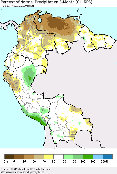 Northern South America Percent of Normal Precipitation 3-Month (CHIRPS) Thematic Map For 2/11/2020 - 5/10/2020