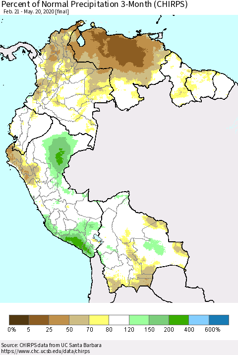 Northern South America Percent of Normal Precipitation 3-Month (CHIRPS) Thematic Map For 2/21/2020 - 5/20/2020