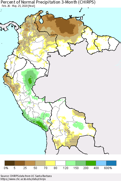 Northern South America Percent of Normal Precipitation 3-Month (CHIRPS) Thematic Map For 2/26/2020 - 5/25/2020