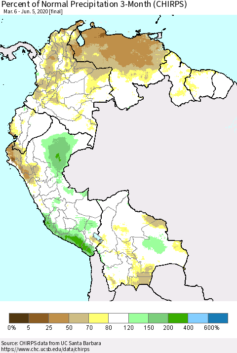 Northern South America Percent of Normal Precipitation 3-Month (CHIRPS) Thematic Map For 3/6/2020 - 6/5/2020