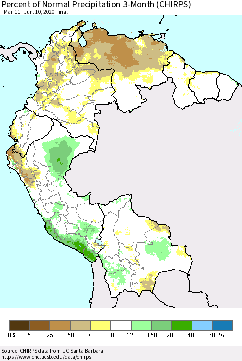 Northern South America Percent of Normal Precipitation 3-Month (CHIRPS) Thematic Map For 3/11/2020 - 6/10/2020