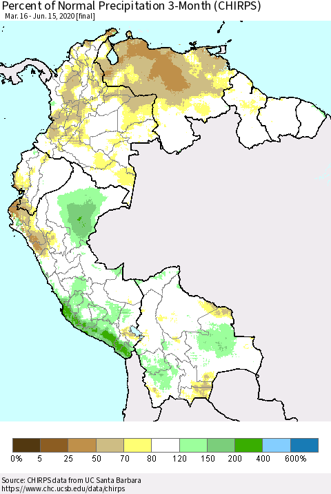 Northern South America Percent of Normal Precipitation 3-Month (CHIRPS) Thematic Map For 3/16/2020 - 6/15/2020