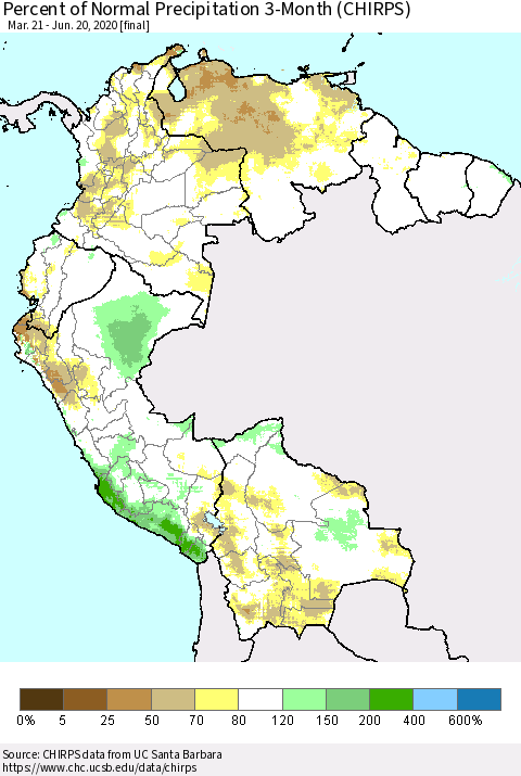 Northern South America Percent of Normal Precipitation 3-Month (CHIRPS) Thematic Map For 3/21/2020 - 6/20/2020