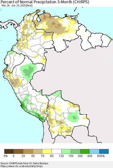 Northern South America Percent of Normal Precipitation 3-Month (CHIRPS) Thematic Map For 3/26/2020 - 6/25/2020