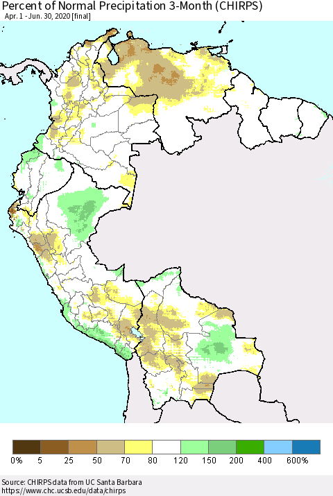 Northern South America Percent of Normal Precipitation 3-Month (CHIRPS) Thematic Map For 4/1/2020 - 6/30/2020