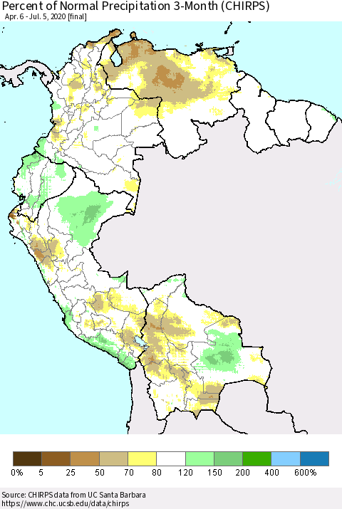 Northern South America Percent of Normal Precipitation 3-Month (CHIRPS) Thematic Map For 4/6/2020 - 7/5/2020