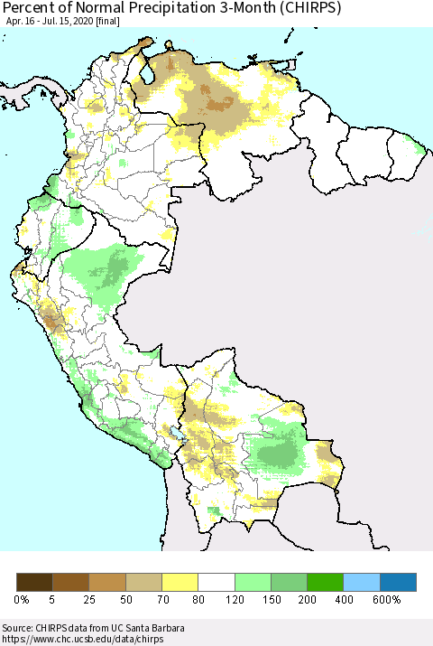 Northern South America Percent of Normal Precipitation 3-Month (CHIRPS) Thematic Map For 4/16/2020 - 7/15/2020