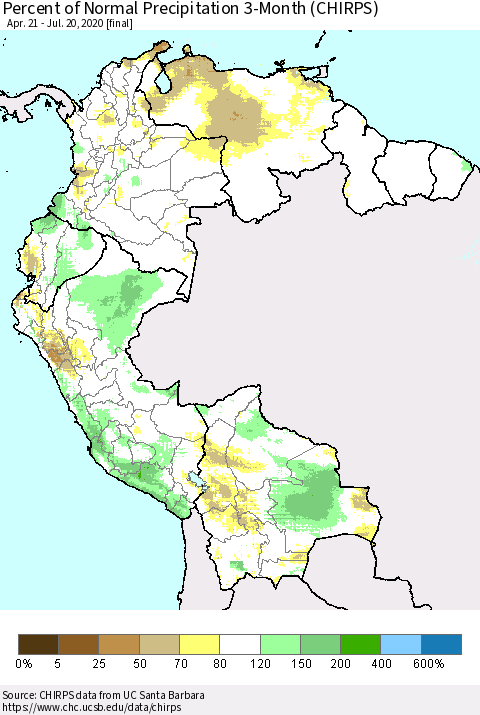 Northern South America Percent of Normal Precipitation 3-Month (CHIRPS) Thematic Map For 4/21/2020 - 7/20/2020