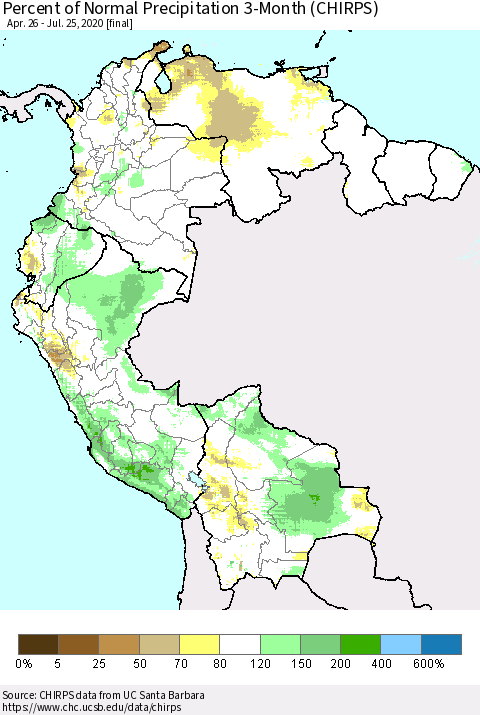 Northern South America Percent of Normal Precipitation 3-Month (CHIRPS) Thematic Map For 4/26/2020 - 7/25/2020