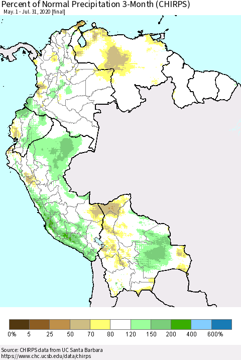 Northern South America Percent of Normal Precipitation 3-Month (CHIRPS) Thematic Map For 5/1/2020 - 7/31/2020