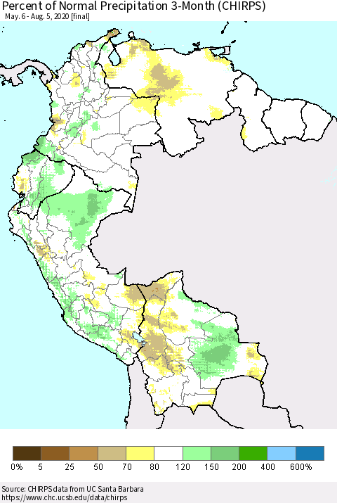 Northern South America Percent of Normal Precipitation 3-Month (CHIRPS) Thematic Map For 5/6/2020 - 8/5/2020