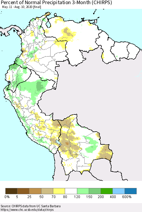 Northern South America Percent of Normal Precipitation 3-Month (CHIRPS) Thematic Map For 5/11/2020 - 8/10/2020