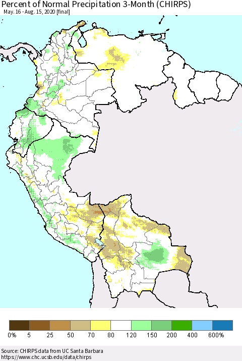 Northern South America Percent of Normal Precipitation 3-Month (CHIRPS) Thematic Map For 5/16/2020 - 8/15/2020