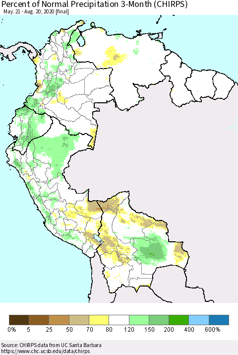 Northern South America Percent of Normal Precipitation 3-Month (CHIRPS) Thematic Map For 5/21/2020 - 8/20/2020