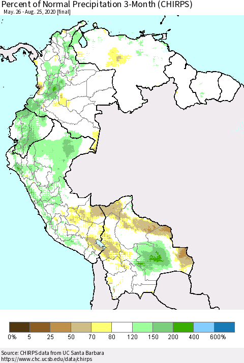 Northern South America Percent of Normal Precipitation 3-Month (CHIRPS) Thematic Map For 5/26/2020 - 8/25/2020